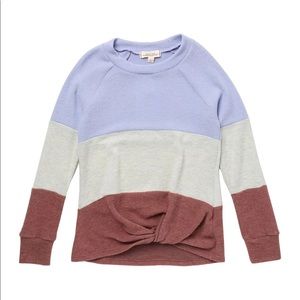 Walking on Sunshine (XL) Colorblock Twist Hem Pullover Gray/purple/rusty orange